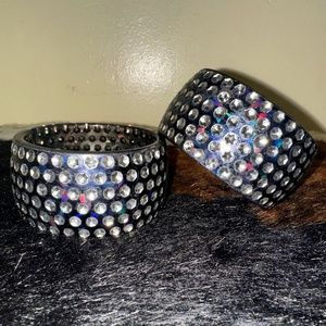 2 Bling Rhinestone Design Chunky Lucite Bracelets Midnight Blue/Black Wrist M